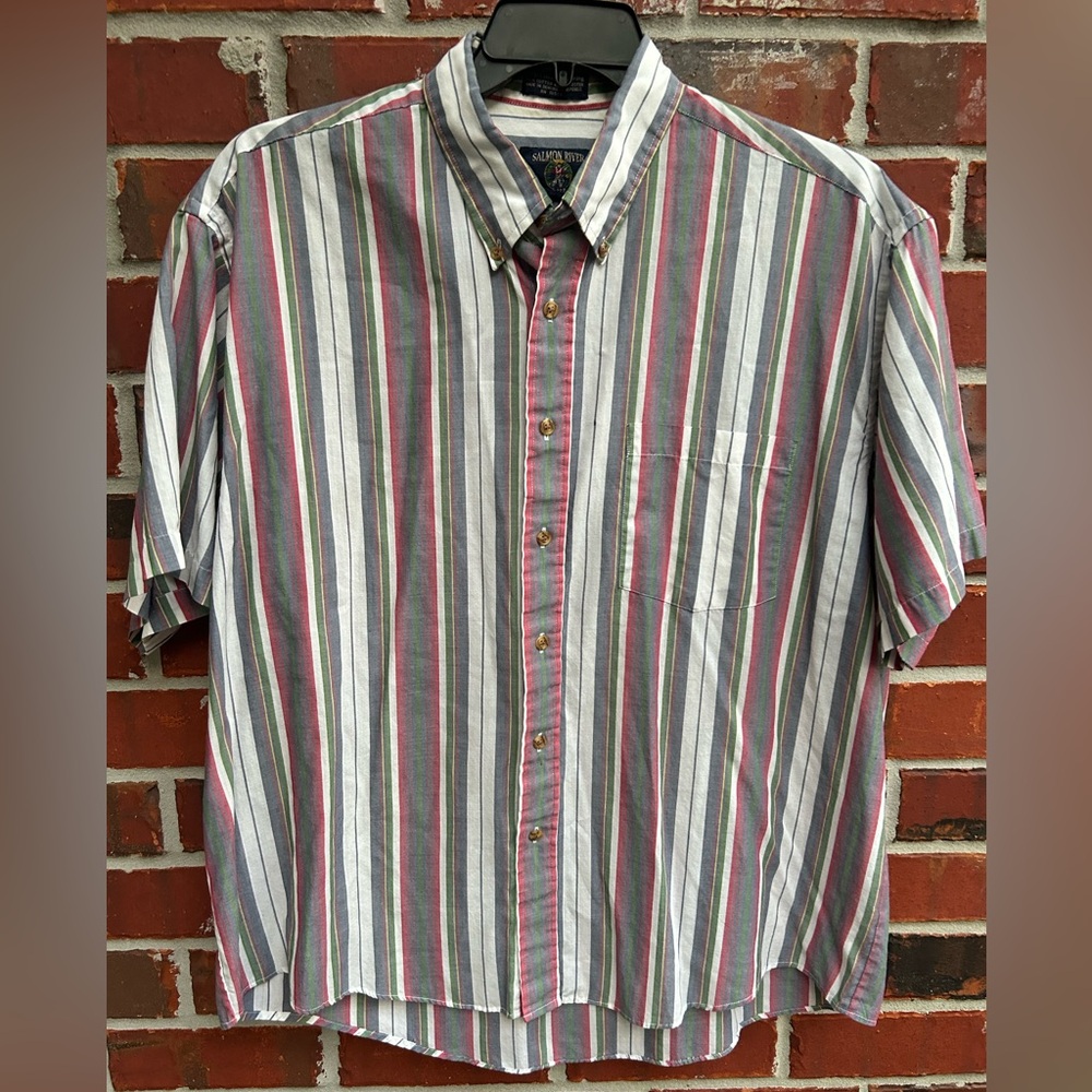 Vintage Salmon River Traders Mens Short Sleeve Button Down Striped XL Shirt A-8